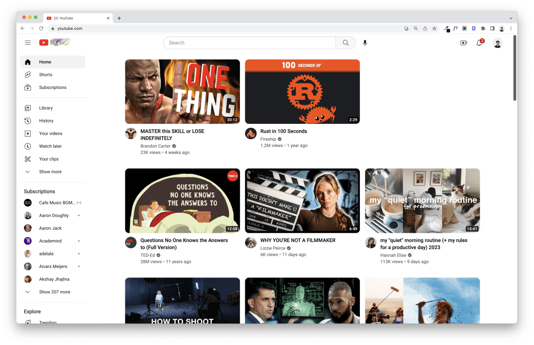 Youtube Recommendation list before